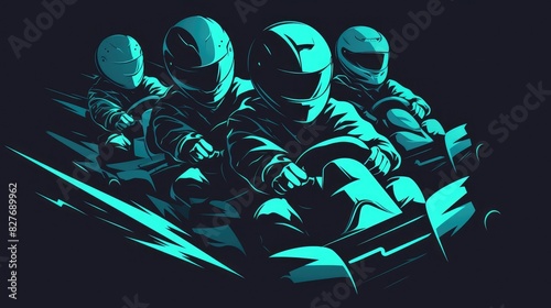 Revamp your go karting experience with a sleek and dynamic kart logo and icon Captivate with a linear symbol and label that embodies the thrill of kart racing through silhouette figures of 