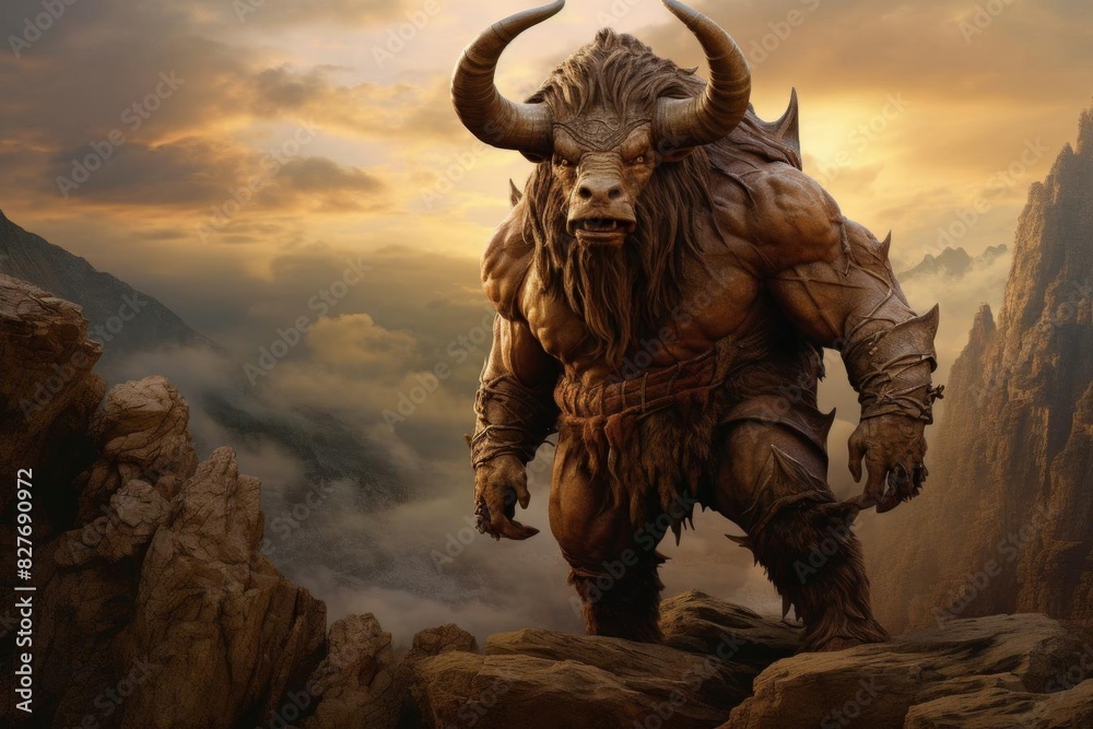 Fototapeta premium Fantasy concept art of a minotaur standing on a cliff.