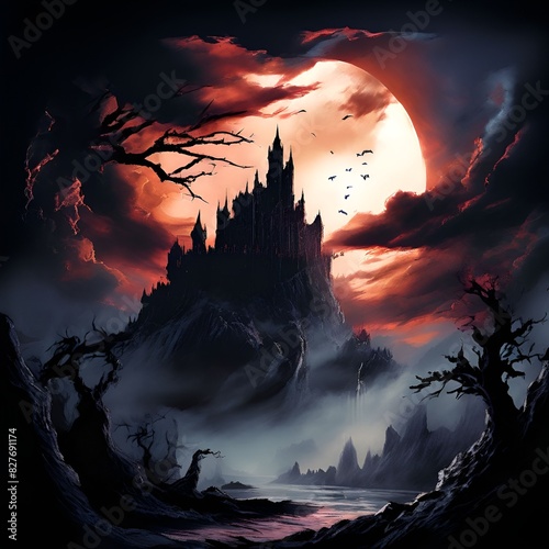 dark ominous castle in the ominous night photo