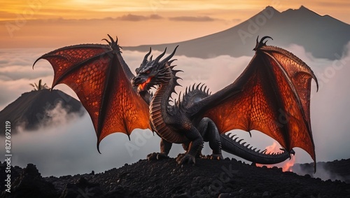 dragon in the mountains, a red dragon on a volcanic island shrouded in mist © buddhika
