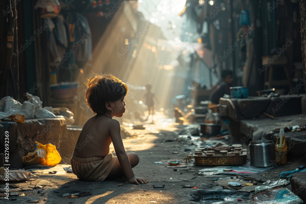 Migrant child boy sits on the ground in a narrow alleyway of an urban slum, illuminated by rays of sunlight streaming through the buildings