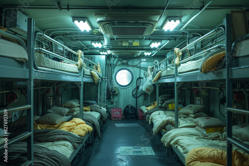 Rows of bunk beds fill a small, dimly lit dormitory, providing scant privacy and comfort in the cramped space