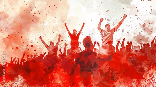 watercolor illustration of excited emotional crowd of sport fans cheering and screaming on match at stadium, the fans wearing red t-shirt generative AI