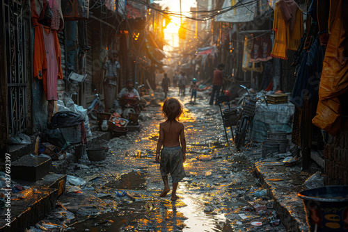 Rear view of young migrant child navigates the narrow, cluttered alleyways of an urban slum as the sun sets