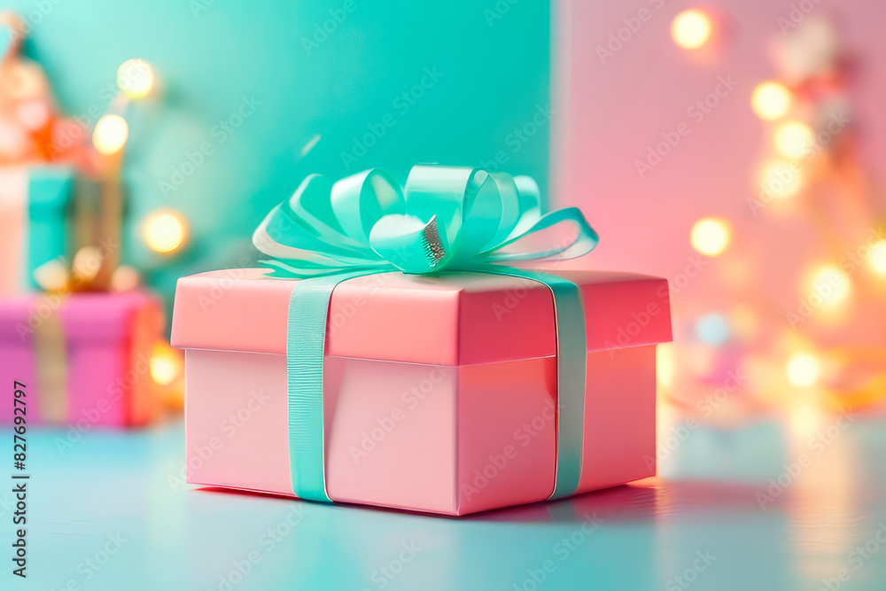 colored gift boxes with ribbon and bow on a festive background