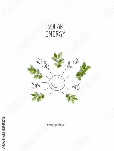 Cartoon sign of solar energy with green leaves. Illustration of Environmentally friendly planet . Think Green. Alternative energy concept.