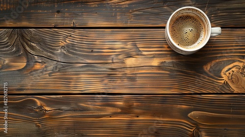 Top view of a frothy cup of coffee on a rustic wooden table with distinctive wood grain patterns and warm tones.