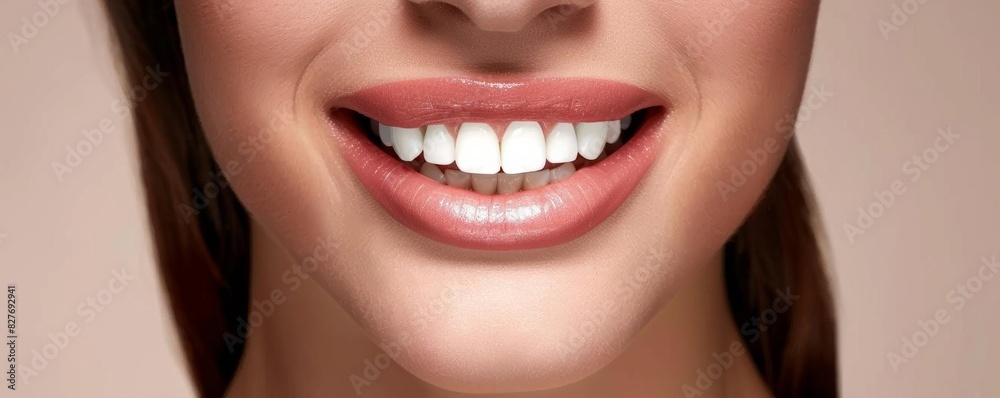 Close-up of a woman's toothy smile with bright lipstick. Close-up of a woman's toothy smile with bright lipstick.
