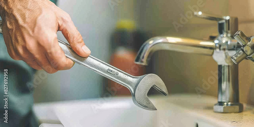 Closeup plumber hand repairing leaking pipe with metal adjustable wrench in bathroom