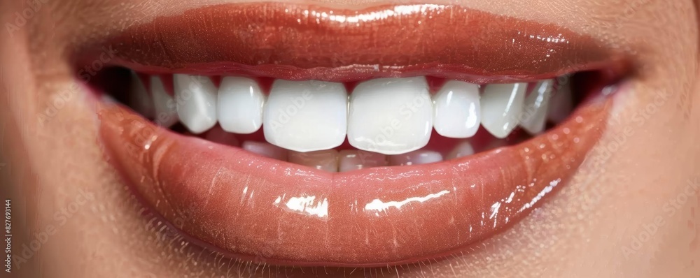 Fototapeta premium Close-up of a woman's smiling mouth with healthy white teeth and brown glossy lipstick