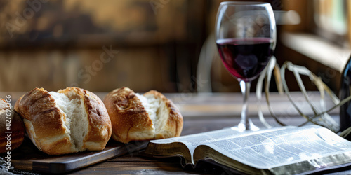 Eucharistic symbols. Composition of Lord's supper symbols: Bible, wine glass, bread on the table background. 