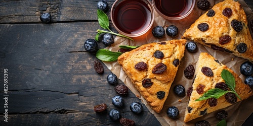 Blueberry and raisin scones with tea on a dark wooden background