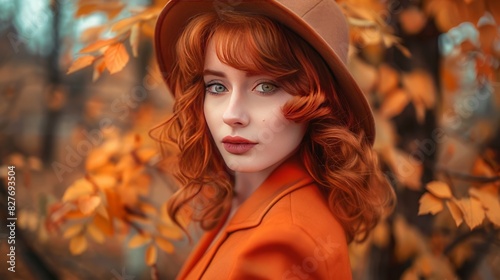 Redhead Girl in Vintage Coquette Attire with Orange Accents © Bi