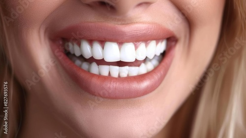 Close-up of a woman s bright smile with healthy white teeth and pink lips