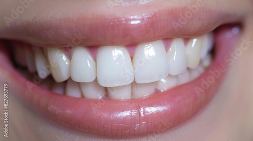 Close-up of a smiling woman s mouth with healthy white teeth and pink lips