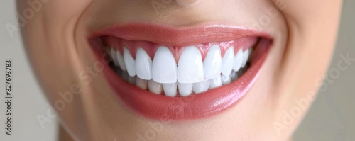 Close-up of a smiling woman's mouth with healthy white teeth and pink lips photo