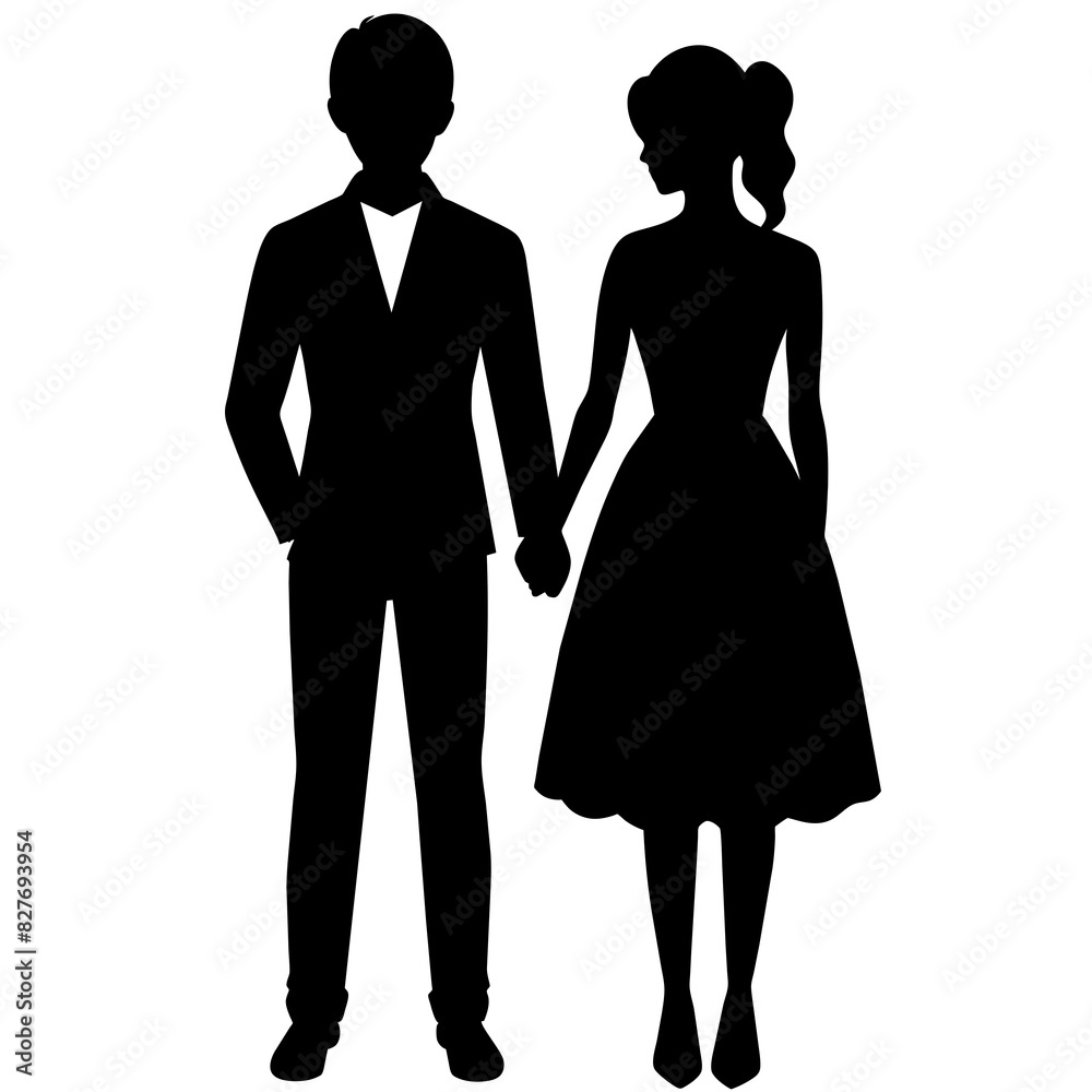 Silhouette illustration of a realistic young couple standing side by side. Silhouette illustration of a realistic young couple standing side by side.