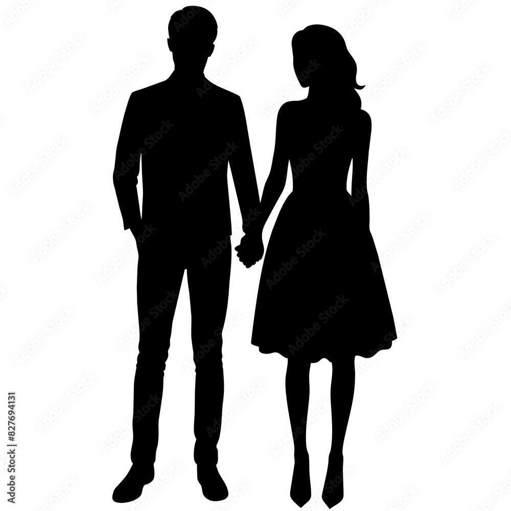 Silhouette illustration of a realistic young couple standing side by side. Silhouette illustration of a realistic young couple standing side by side.