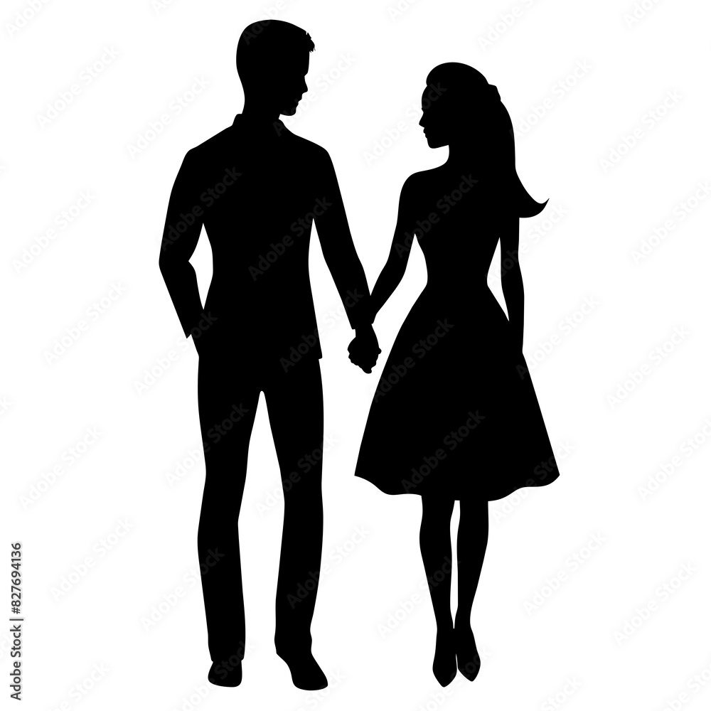 Silhouette illustration of a realistic young couple standing side by side. Silhouette illustration of a realistic young couple standing side by side.