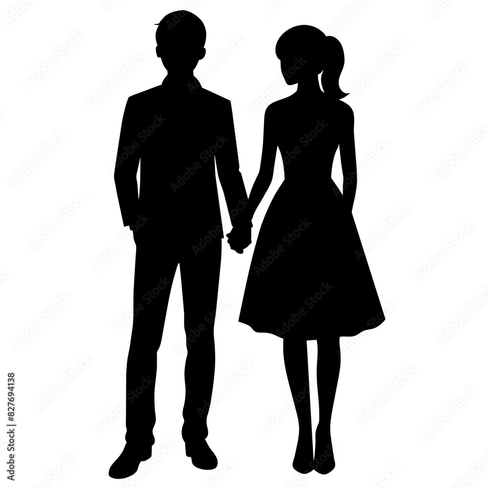 Silhouette illustration of a realistic young couple standing side by side. Silhouette illustration of a realistic young couple standing side by side.