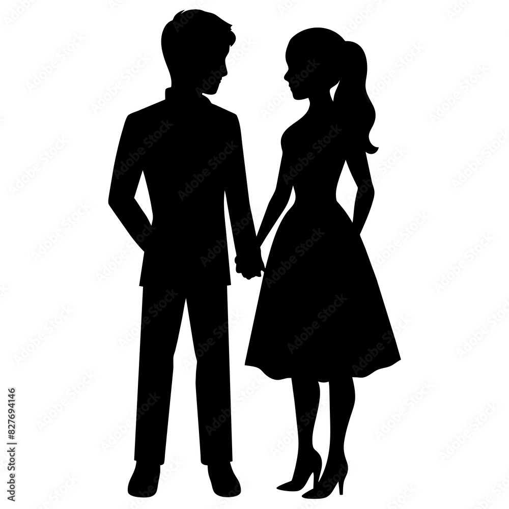 Silhouette illustration of a realistic young couple standing side by side. Silhouette illustration of a realistic young couple standing side by side.