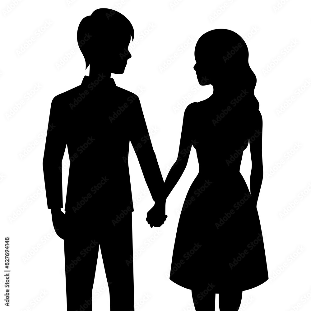 Silhouette illustration of a realistic young couple standing side by side. Silhouette illustration of a realistic young couple standing side by side.