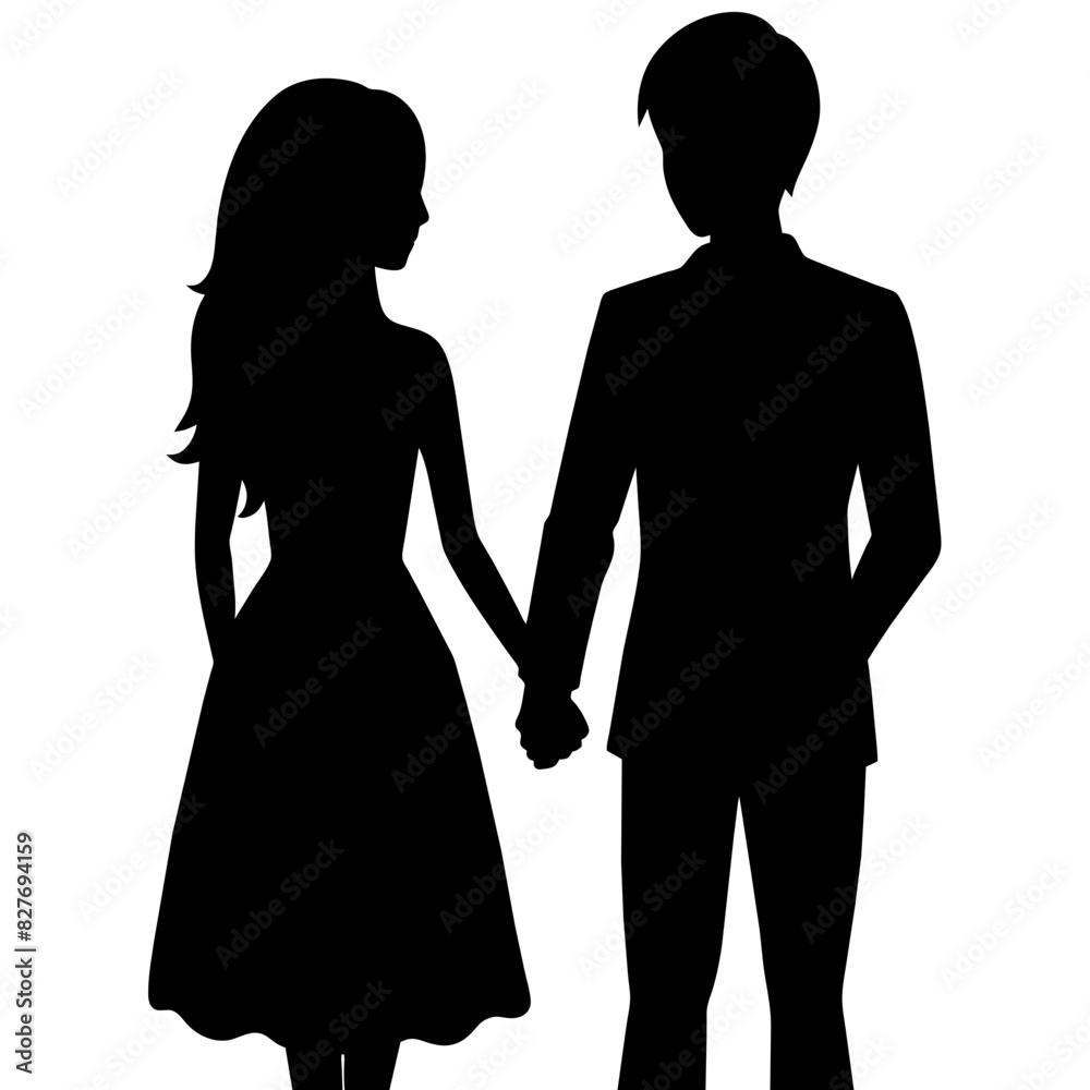 Silhouette illustration of a realistic young couple standing side by side. Silhouette illustration of a realistic young couple standing side by side.