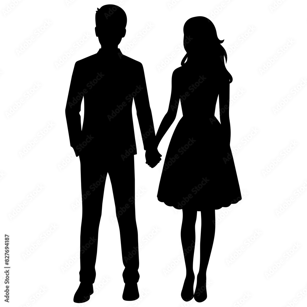 Silhouette illustration of a realistic young couple standing side by side. Silhouette illustration of a realistic young couple standing side by side.