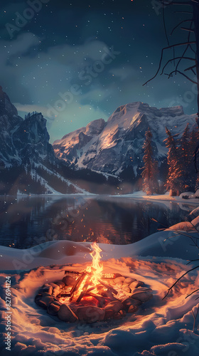 Light a bonfire on a snow-covered mountain