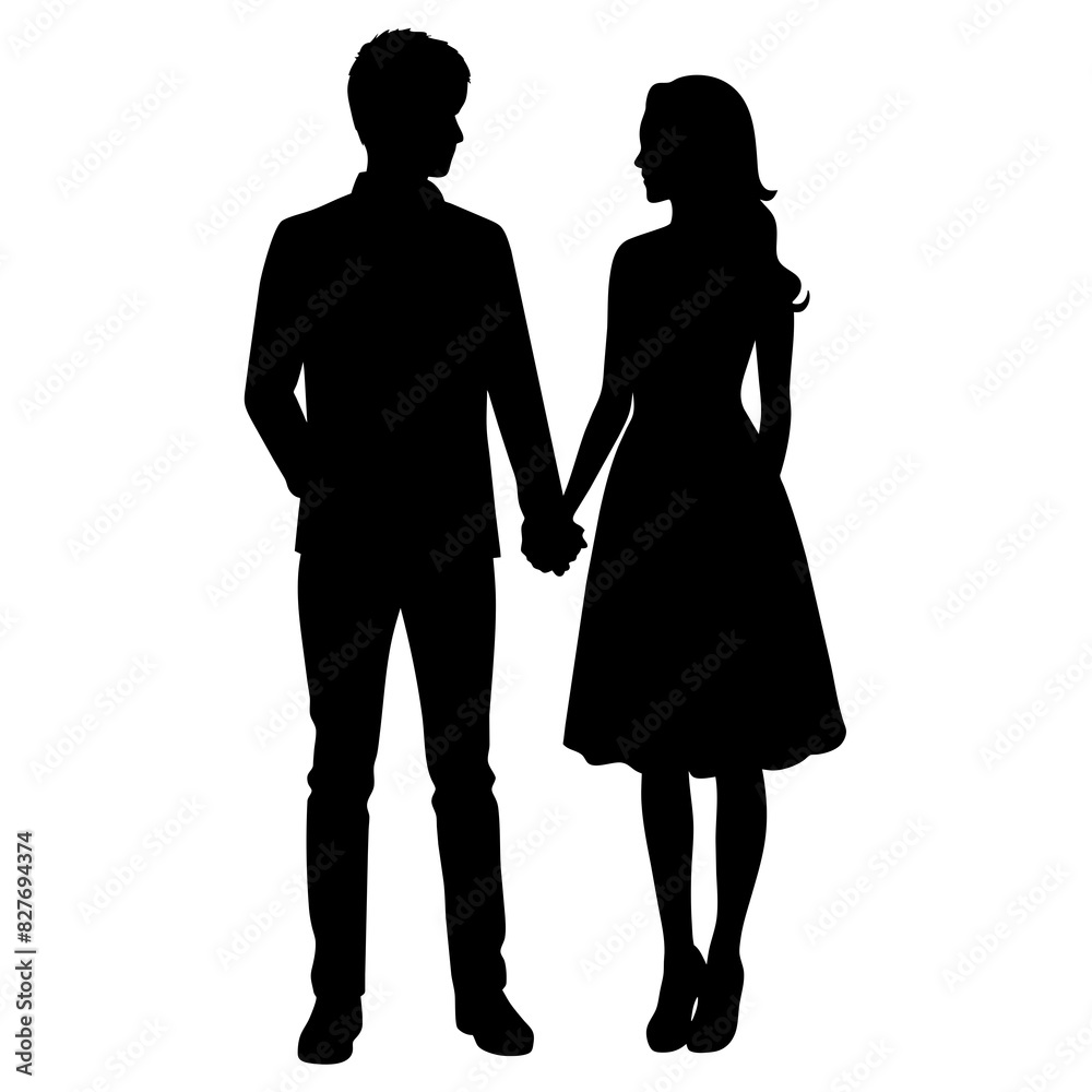 Silhouette illustration of a realistic young couple standing side by side. Silhouette illustration of a realistic young couple standing side by side.