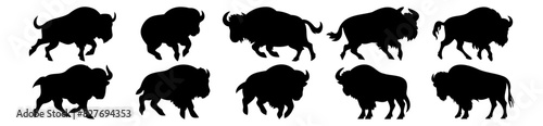 Buffalo silhouettes set, pack of vector silhouette design, isolated background