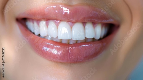 Close up of a woman s smile with healthy white teeth and pink lips