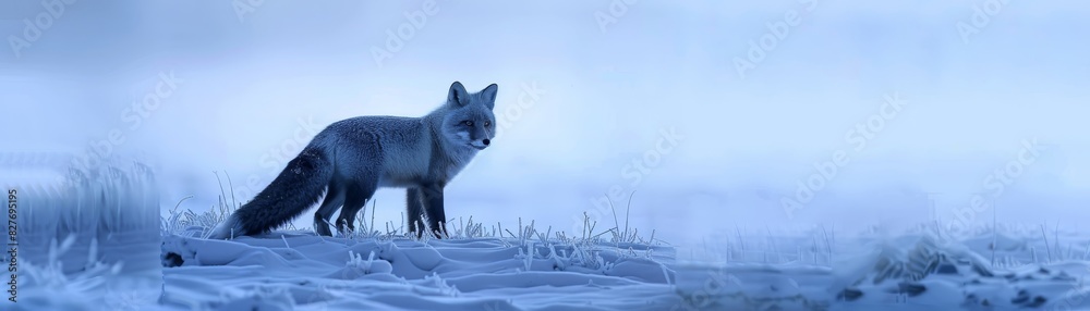 Naklejka premium A solitary fox stands in a snowy landscape, shrouded in mist, emanating a serene and mysterious winter atmosphere.