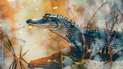 A serene crocodile in its natural habitat, surrounded by water and vegetation, bathed in warm sunlight. photo