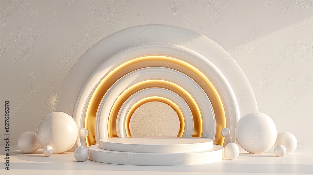 Obraz premium A podium showcasing a white and golden abstract arch with spheres