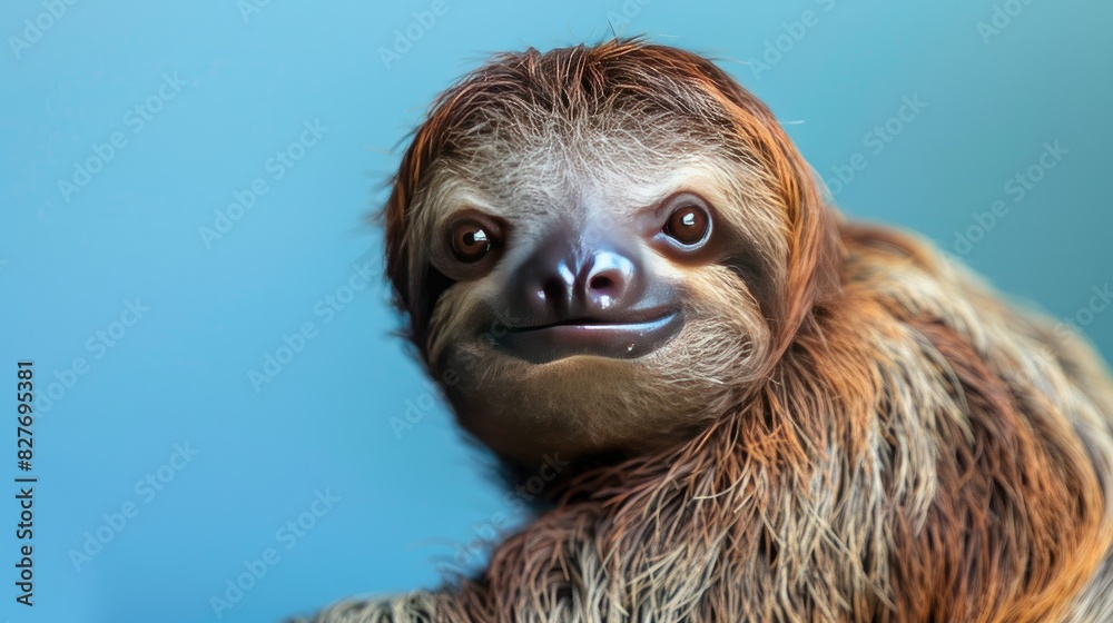 Fototapeta premium A sloth web banner featuring a sloth isolated on a blue background, providing ample copy space