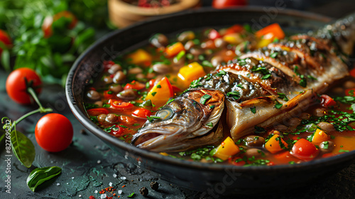 Carp fish soup with fresh organic herbs