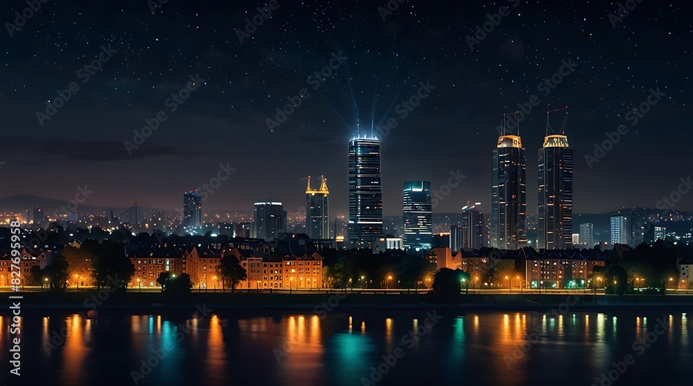 Obraz premium night view of a city skyline with a river in front, skyscrapers