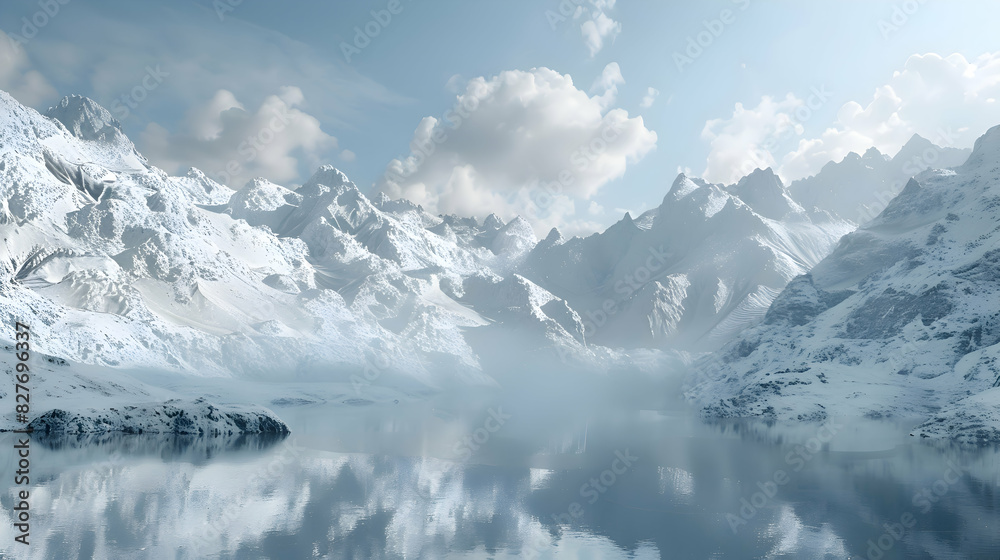 A tranquil lake surrounded by snow-covered mountains