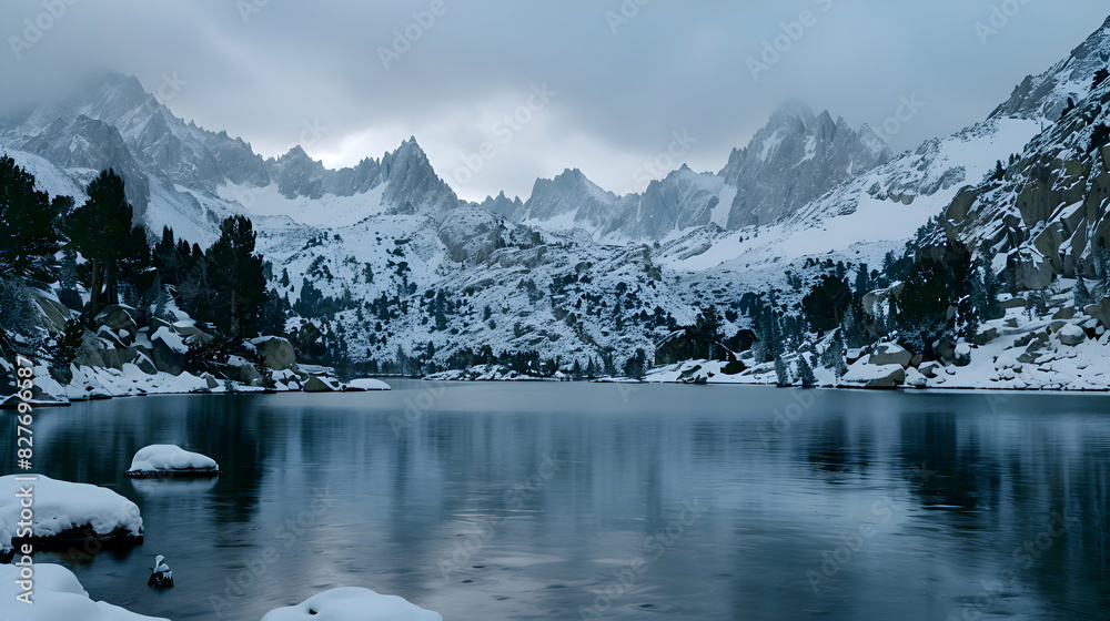 A tranquil lake surrounded by snow-covered mountains A tranquil lake surrounded by snow-covered mountains