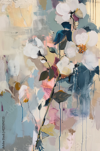 Abstract modern art painting with flowers in ivory white shade. Generative AI.