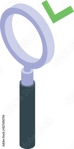 3d isometric illustration of a magnifying glass with a green check mark, symbolizing search and approval