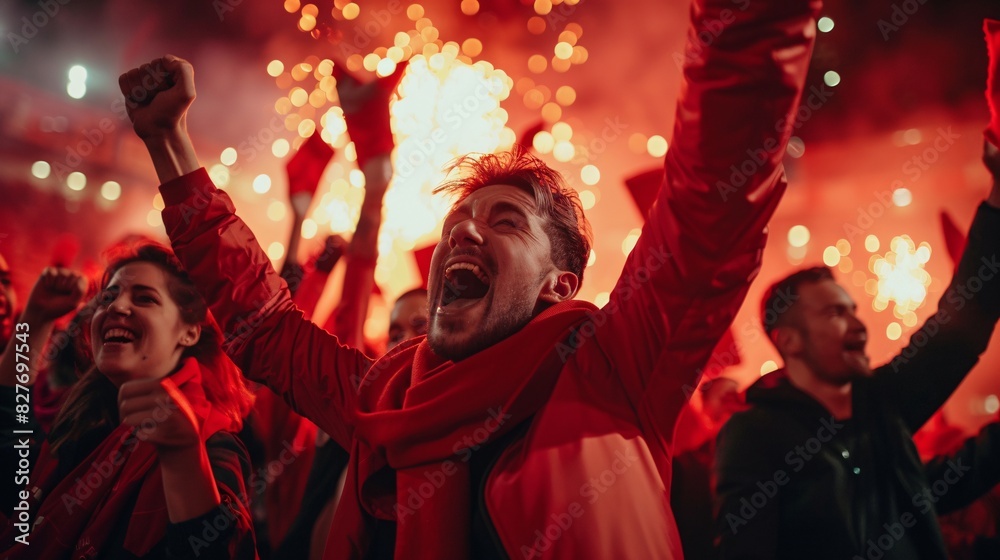 group of football fans wearing red t-shirt cheering , celebrating victory, united together, winning football cup or league trophy group of football fans wearing red t-shirt cheering , celebrating victory, united together, winning football cup or league trophy
