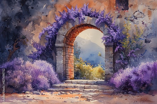 Watercolor painting of a stone arch with lavender flowers draped over and around