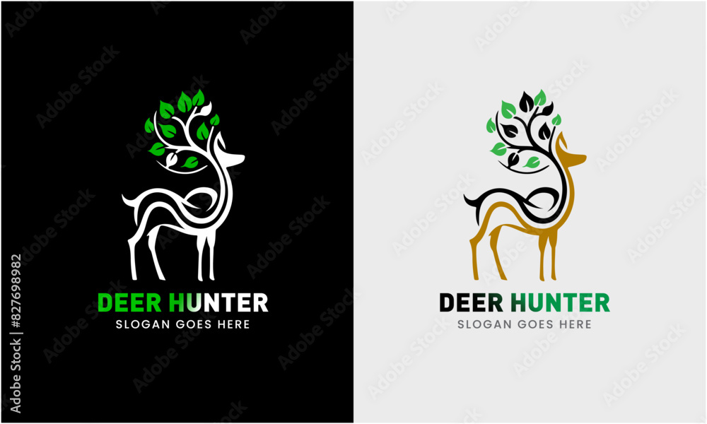 Deer logo, deer hunter logo icon, leaf with deer icon, deer hunter with gun, deer sunrise, deer round shape, mountain, A great, elegant deer standing gracefully. Deer icon for company minimalist logo