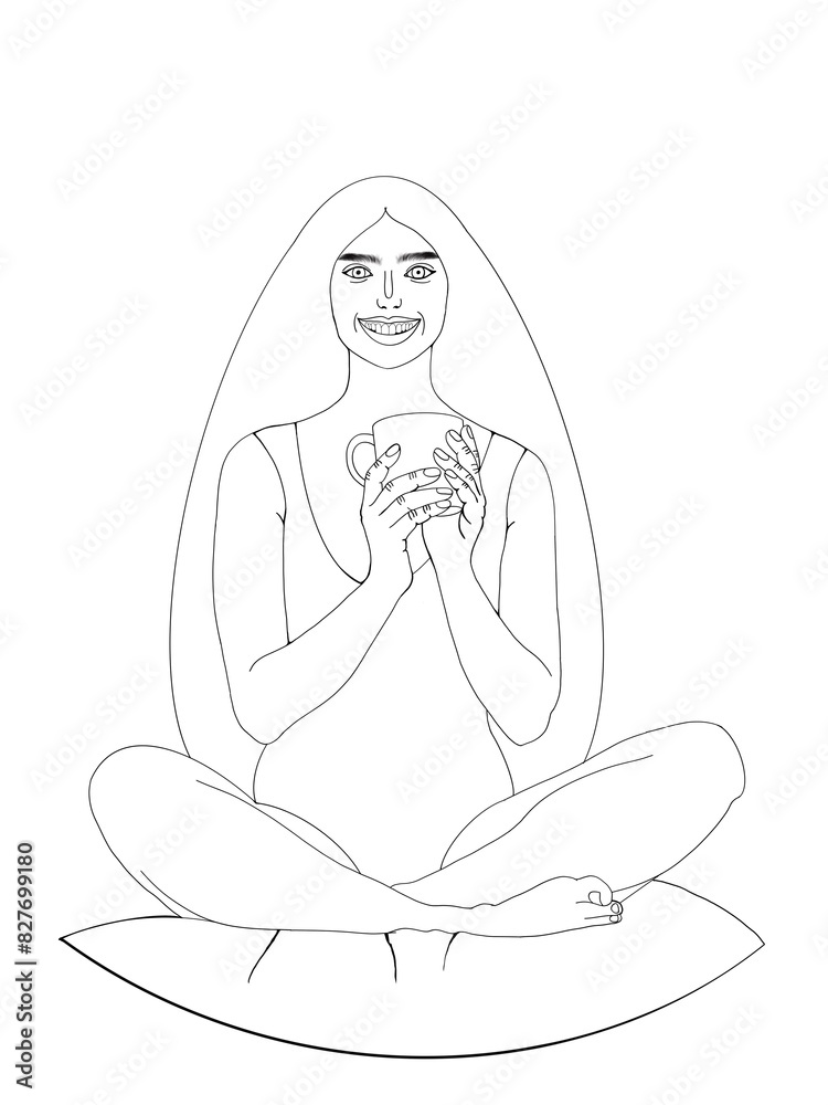 thin black line outline woman drinking coffee and sitting in lotus position thin black line outline woman drinking coffee and sitting in lotus position