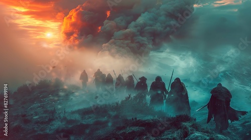 A group of warriors in ancient or medieval attire is seen on a misty battlefield. They are silhouetted against a dramatic sky illuminated by a setting or rising sun that casts an orange glow amongst h