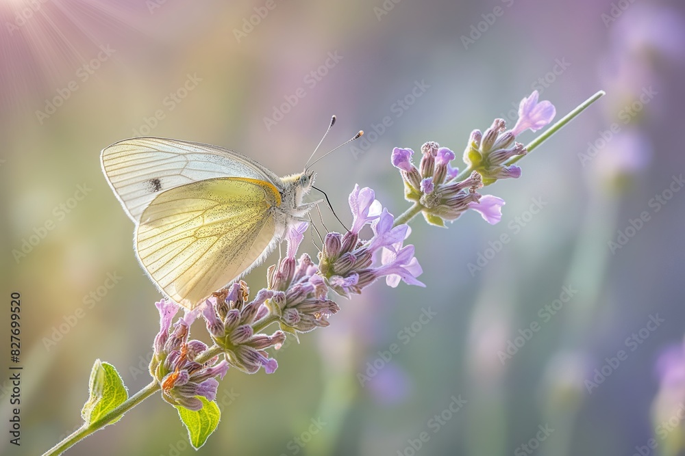 Fototapeta premium AI generated illustration of a white butterfly perched on lavender flowers in sunlight