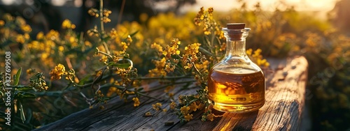 mustard oil on a table in the garden. Selective focus.