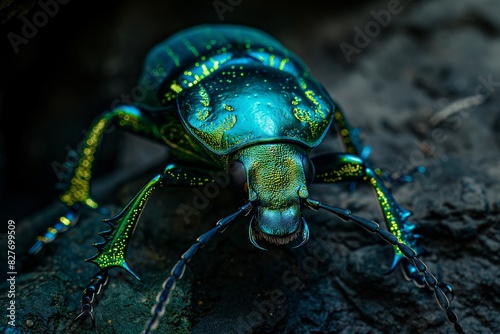 AI generated illustration of a glossy green insect on a stone photo